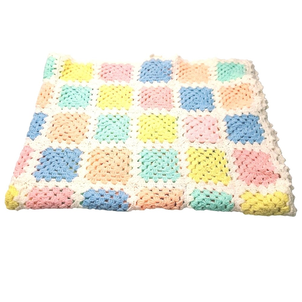 Handmade Crochet Granny Square Baby Blanket Pastel Color 32x42 Vintage Style